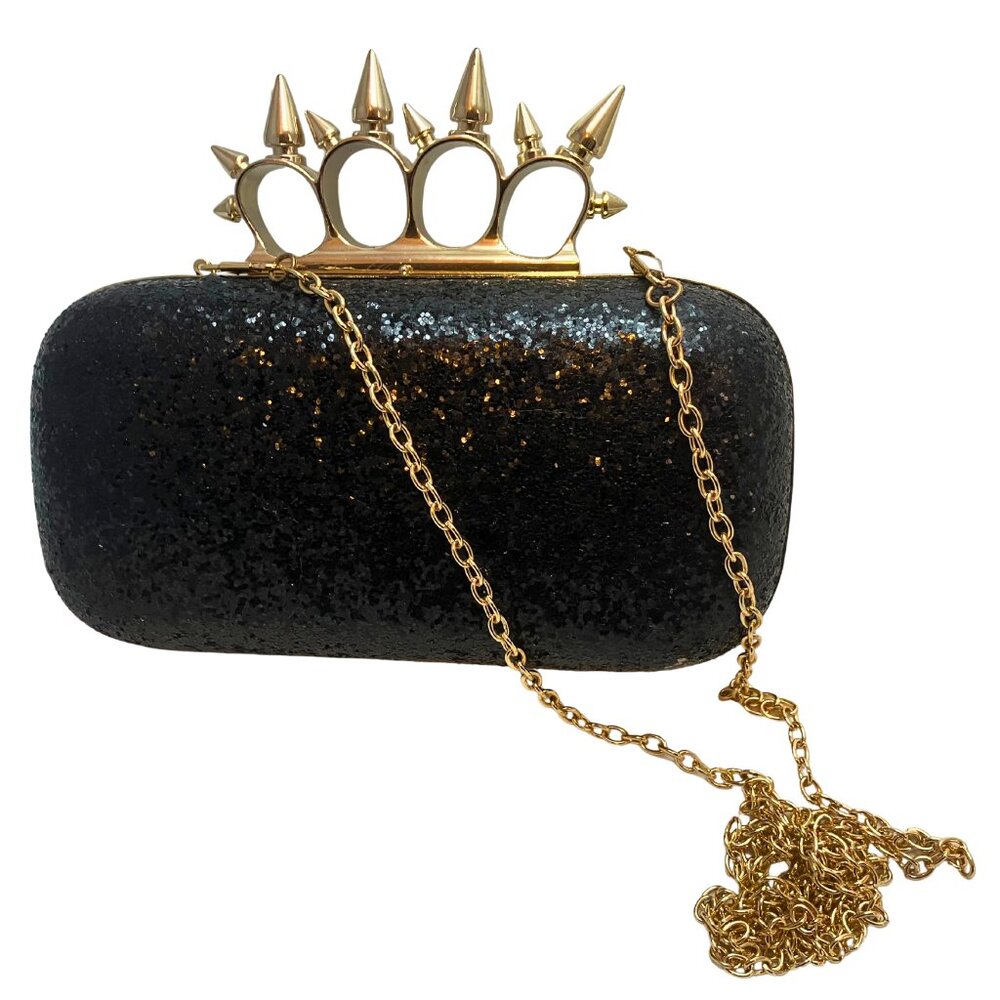 Glitter Knuckle Clutch - black with gold spikes + removable crossbody chain